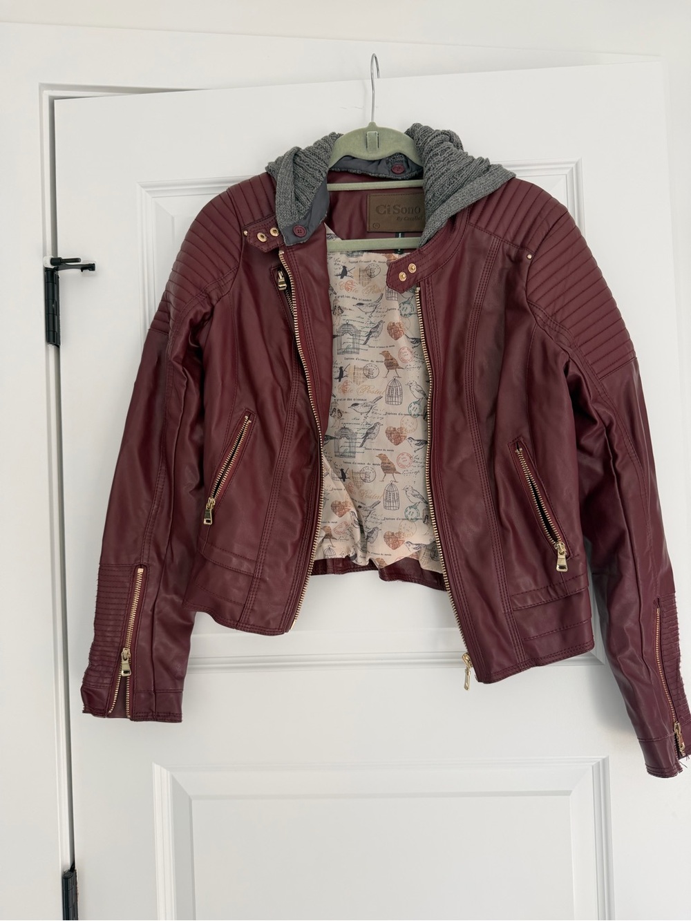 Ci Sono Women's Burgundy Faux Leather Moto Jacket with Removable Gray Hood
